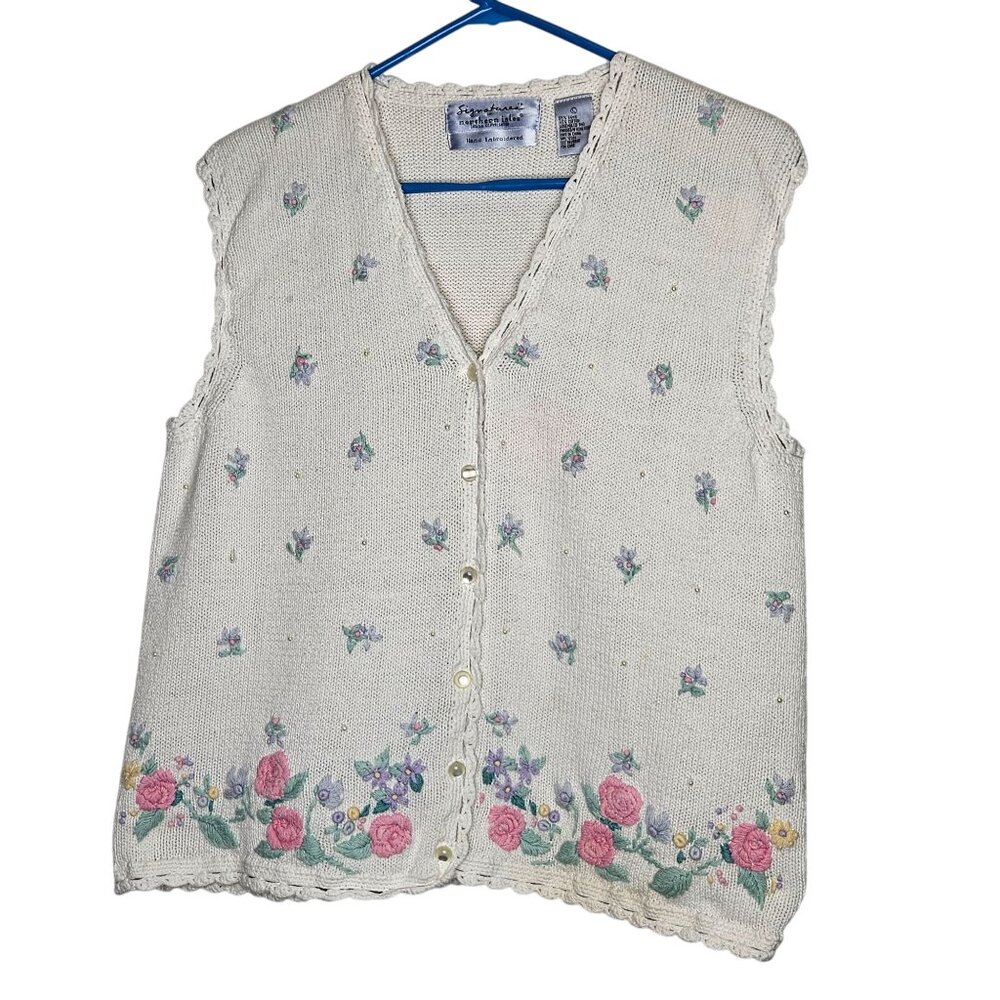 Vintage Northern Isles White Floral Button-Up Sweater Vest Hand Embroidery L‎